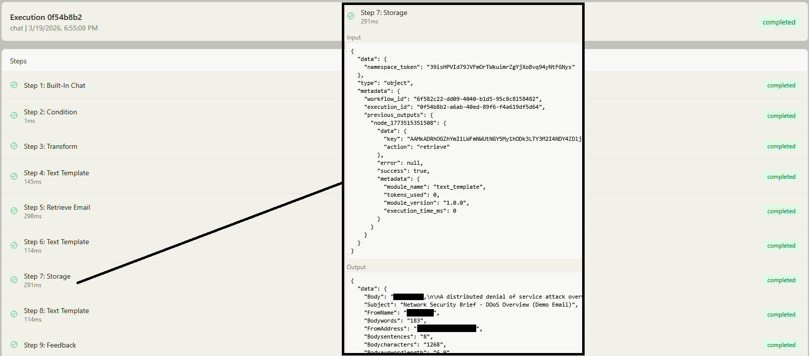 Execution log showing step-by-step trace with input/output