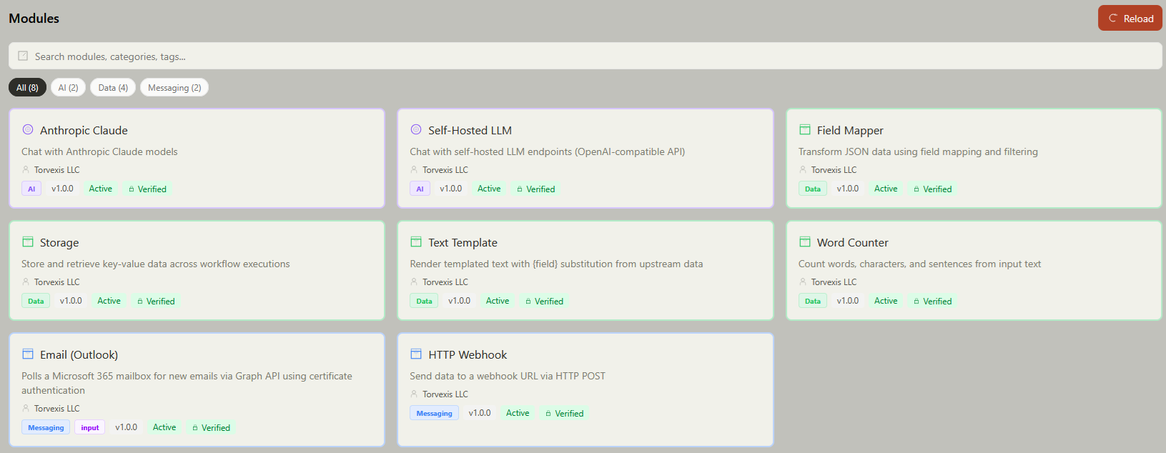 Modules page showing available modules