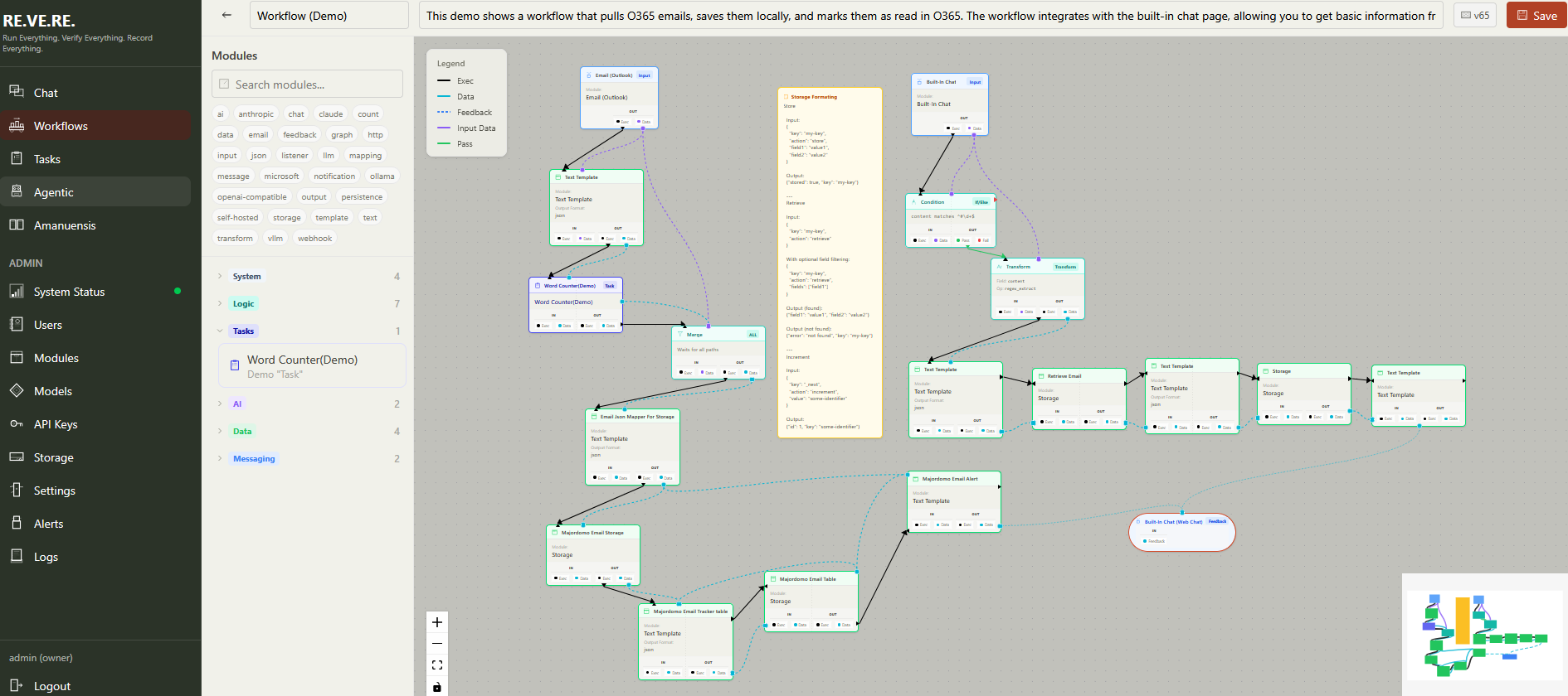 Workflow builder showing connected modules in a data pipeline